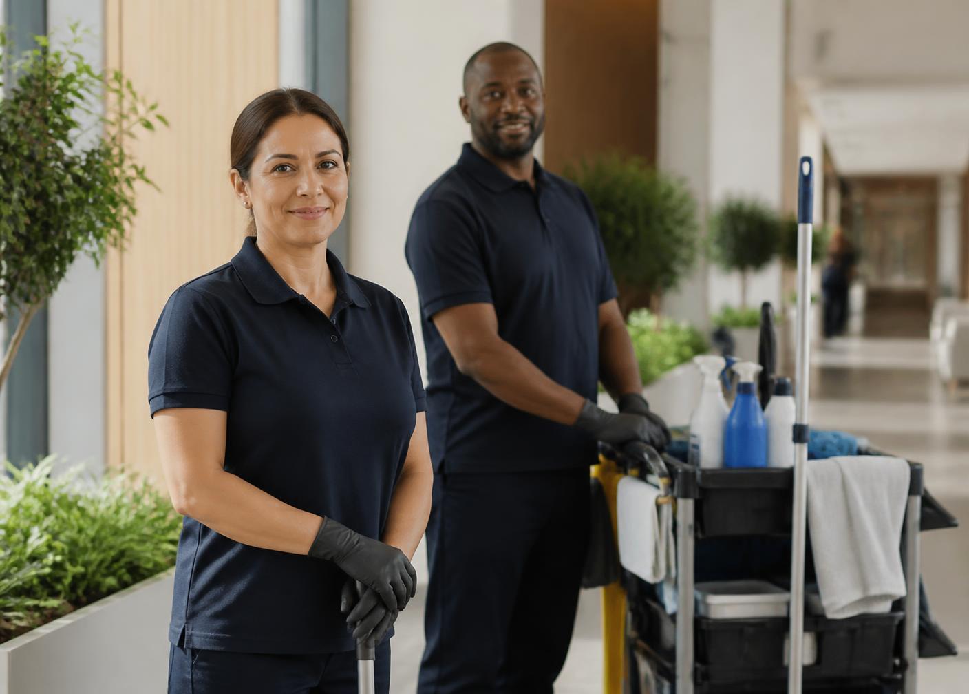Two uniformed Fivedom Services cleaning operatives with equipment in a commercial building